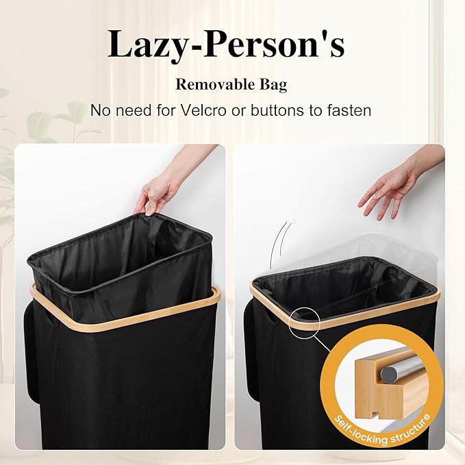 Large Laundry Hamper, 100L Waterproof Laundry Basket with Lid and Removable Bag, Collapsible Tall Clothes Hamper with Bamboo Handles for Clothes Toys in Dorm Bedroom Bathroom, Black