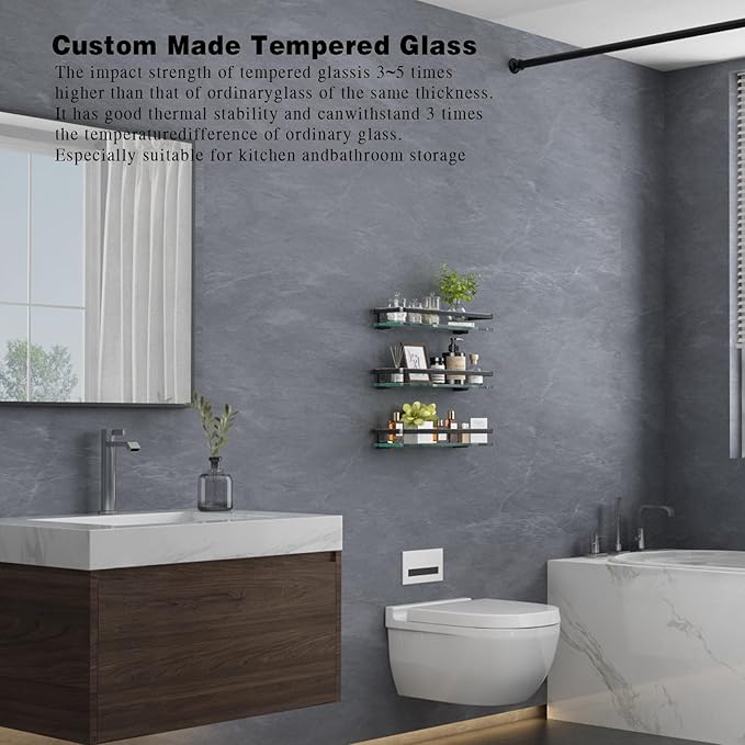 VOLPONE Bathroom Wall Shelf 15.7in Bathroom Glass Shelves Wall Mount Glass Shelf Rustproof Bathroom Wall Organizer 3 Tier (Black)