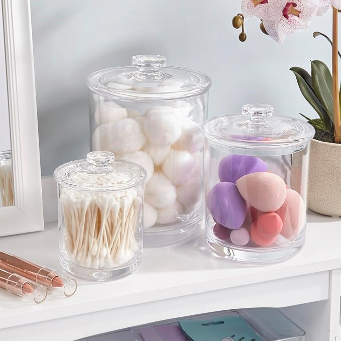 STORi 3-Pack Premium Quality Clear Plastic Qtip and Cotton Ball Holders, 15-oz, 30-oz, and 60-oz Apothecary Jars with Lids, Perfect Containers for Bathroom and Vanity, Set of 3