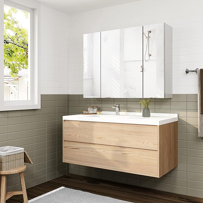 Medicine Cabinets Bathroom Mirror Cabinet with 3 Door 31.5x23.6 Inch Bathroom Wall Cabinet with Mirror Wall Mirror Storage Shelf with 3-Adjustable Shelves Storage Organizer Kitchen Cupboard,White