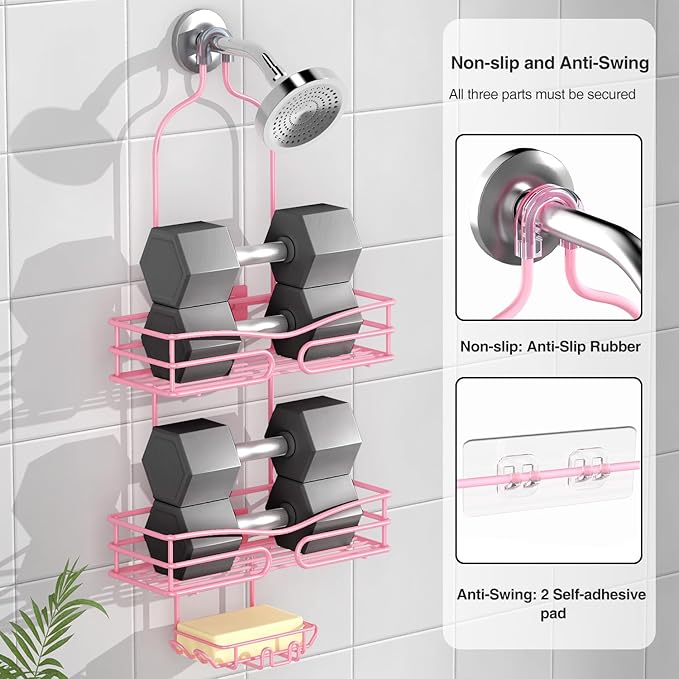 Pink 3-Tier Over Head Shower Caddy with Soap Holder & 6 Hooks - Hanging Shower Caddy for Bathroom Organizer