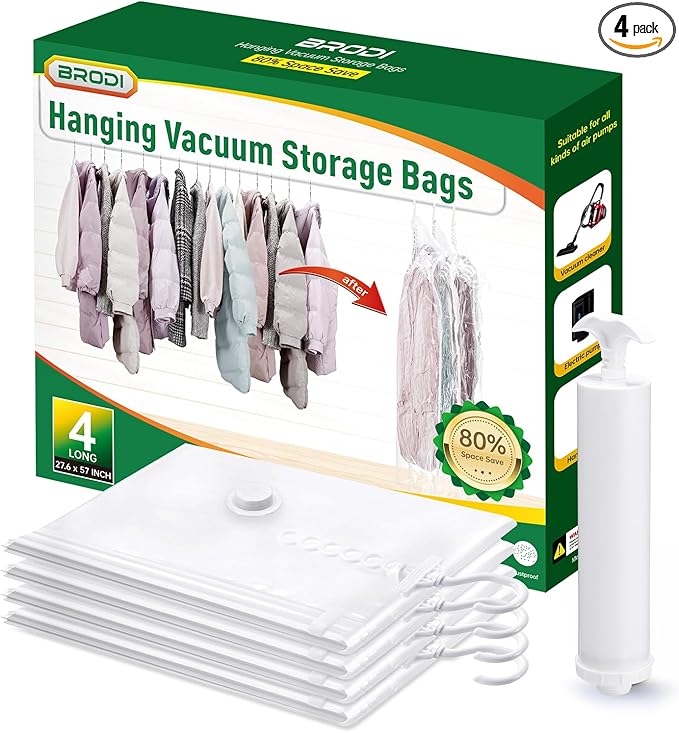Hanging Vacuum Storage Bags For Clothes With Hand Pump,Coat Storage Bag Hanging,Vacuum Bags For Clothes,Space Saver Vacuum Storage Bags,Garment, Clothing, Dress, Suit, Long Coat, Jacket(Short 4 Pack）