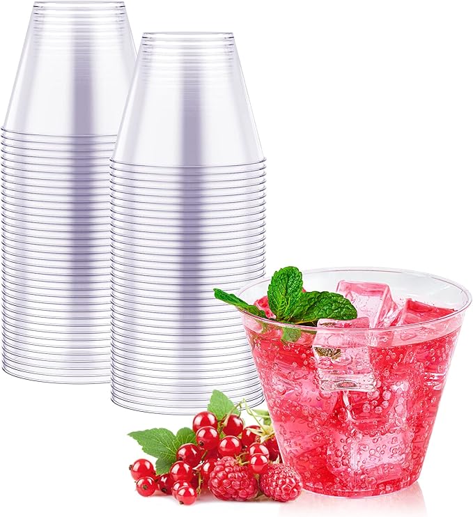 JOLLY CHEF 10 oz Clear Disposable Plastic Cups 100 Pack Clear Plastic Cups Tumblers, Heavy-duty Party Glasses, Disposable Cups for Thanksgiving, Party,Fathers Day
