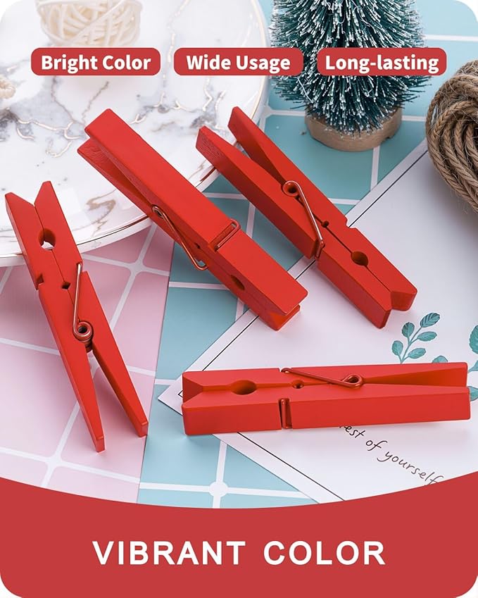 Clothes Pins, Red Colored Wooden Clothespins for Arts and Crafts, Wreath, Strong Grip Close Pins Birchwood Clips Clothespin Clothing Pegs for Hanging Baby Clothing Photos, 2.83 Inch, Pack of 50