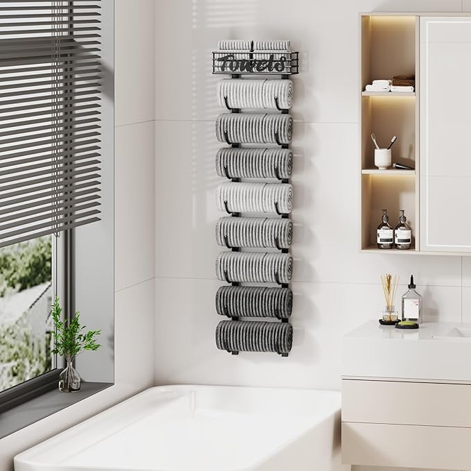 SWTYMIKI Hanging Towel Racks for Bathroom - 9 Tier Over The Door & Wall Mounted Bath Rolled Towel Storage Organizer Holder for Small Bathroom, RV, Camper, Black (Patented)