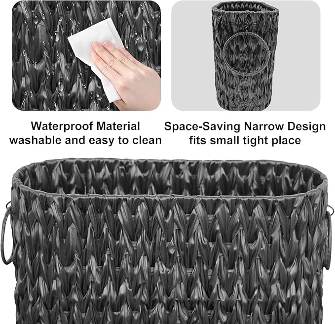 Black Toilet Paper Storage Basket,Large Free Standing Toilet Paper Organizer,Waterproof Narrow Wicker Basket for Bathroom,Under Sink,or Cabinet