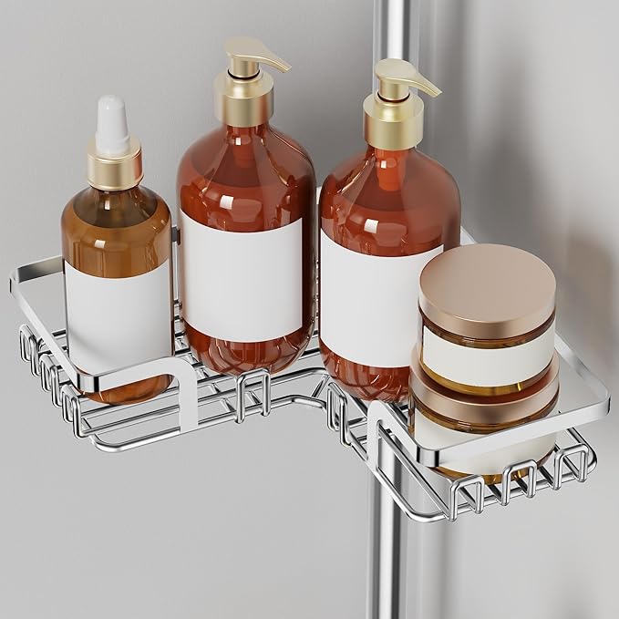 ZUNTO Shower Caddy Corner for Bathroom, Tension Pole, Adjustable 25in-114in Floor to Ceiling, Standing Shower Tension Rod Organizer, 4 Tier Bathroom Storage Shelves, Silver