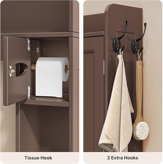 Ahomly Over The Toilet Storage Cabinet, 32.3" W Over Toilet Bathroom Organizer with Doors, Adjustable Shelves, Toilet Paper Holder, 2 Side Hooks, Space-Saver for Bathroom, Laundry, Espresso