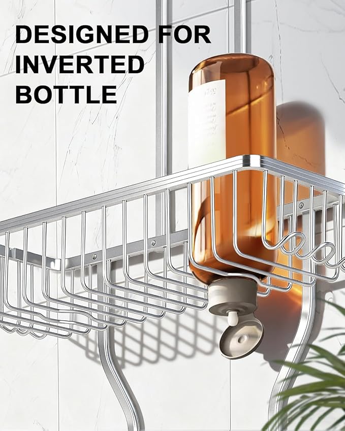 Shower Caddy Hanging - Never Rust Shower Hanging Organizer - Aluminum Over the ShowerHead Caddy with Soap Basket and 6 Hooks for Razor/Sponge (Frosted Silver)
