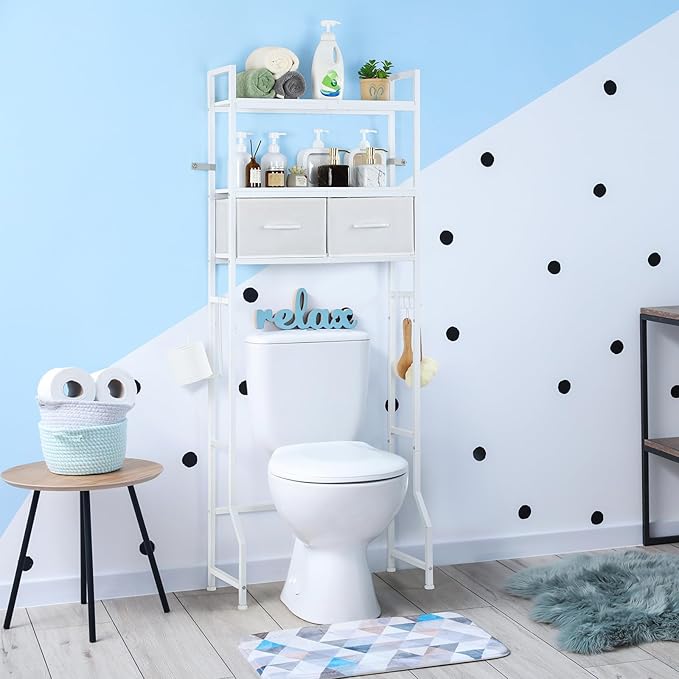 YBING Over The Toilet Storage Cabinet, Over Toilet Bathroom Organizer with Drawer, Above Toilet Stand with Roll Holder and Hooks, Over Toilet Storage Shelf Cabinet, Wooden, White