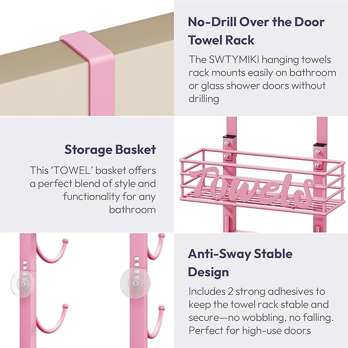 SWTYMIKI Hanging Towel Racks for Bathroom - 9 Tier Over The Door & Wall Mounted Bath Rolled Towel Storage Organizer Holder for Small Bathroom, RV, Camper (Pink, 6-Tier)