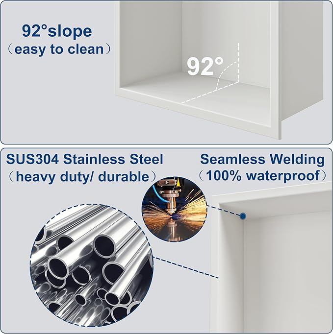 Neodrain 12X18 Inch White Double Shelf Stainless Steel Shower Niche, No Tile Needed Bathroom Shelf, Two Layer Recessed Built-in Wall Niche