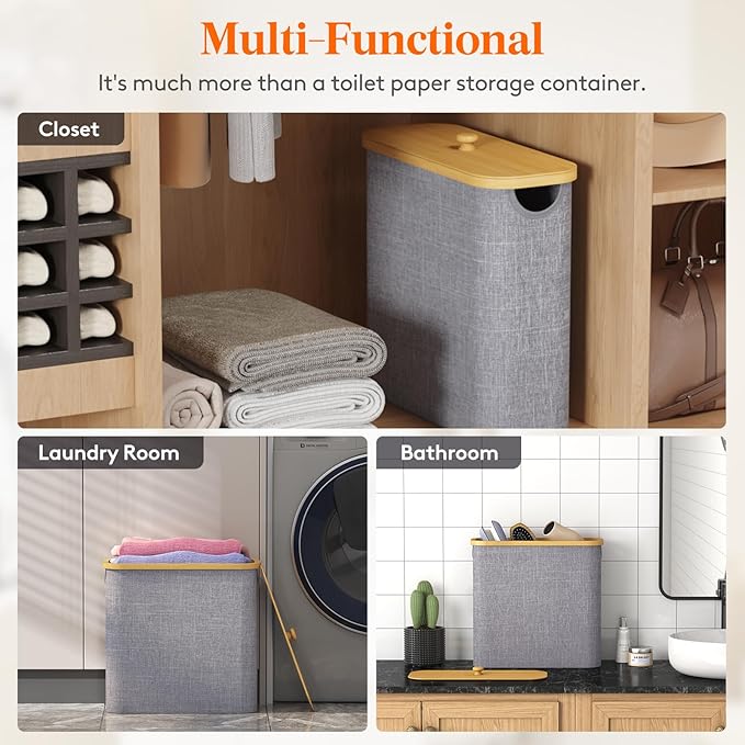 Lifewit Toilet Paper Storage Holder for 9 to 12 Rolls, Free Standing Toilet Paper Basket Stand with Bamboo Lid, Collapsible Fabric Bathroom Organizer Box for Mega Rolls, 23L, Large, Light Gray