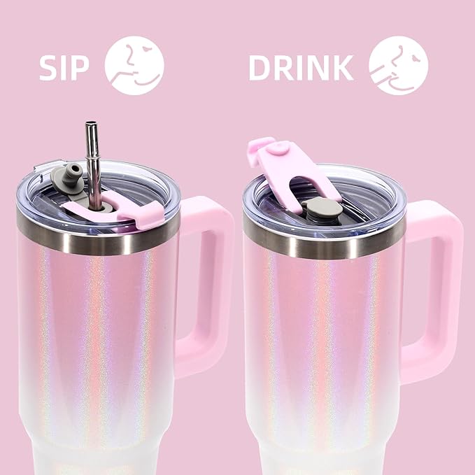 30 oz Shiny Tumbler with Handle,Tumbler with Lid and Straw,Double Wall Insulated Cup Stainless Steel Travel Mug(Cold for 34 Hours),Water Bottle for Iced Tea,Coffee,Cold Beverages(Pink)