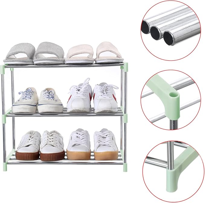 Stackable Small Shoe Rack, Entryway, Hallway and Closet Space Saving Storage and Organization (3-Tier, Green)