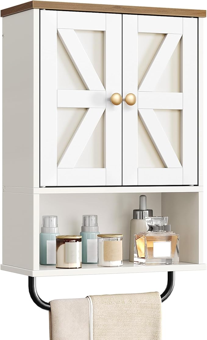 Bathroom Wall Cabinet, Medicine Cabinet with Open Partition and Towel Bar, Rustic Storage Cabinet with Open and Hidden Storage Space, for Bathroom, Living Room, Kitchen, White and Walnut