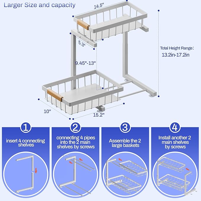 ADBIU Under Sink Organizer, 2 Pack 2 Tier Expandable Height (White, Large Size)