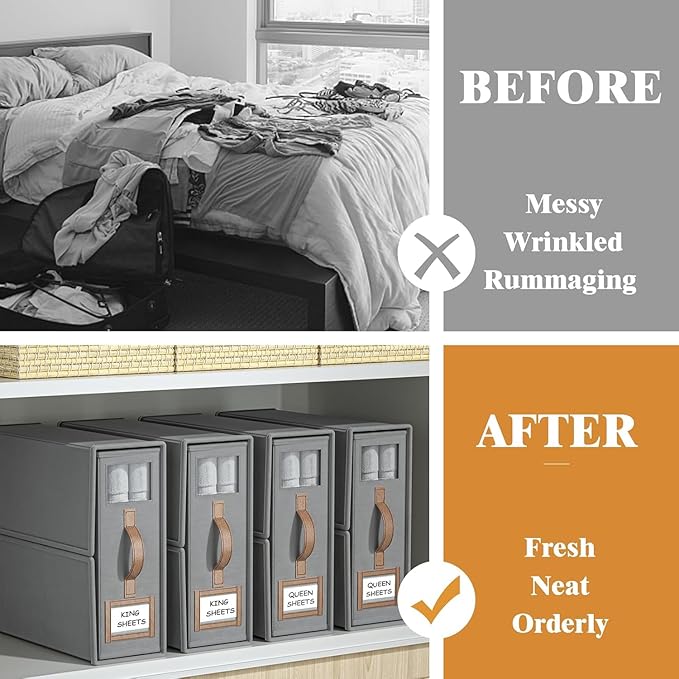 6 Pack Foldable Bed Sheets Set Organizers and Storage(King & Queen Size),Linen Fabric Closet Organizers with Window,Folding Bedding Storage Box for Bedsheets and Pillow Cube Organizer-Gray