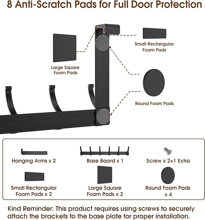 Over The Door Hooks Hanger with 7" Arms, Door Hooks for Hanging, Fit 1 3/4" Door, Tool-Free Assembly, F7U, Towel Racks Organizer Holder for Bathroom - Black