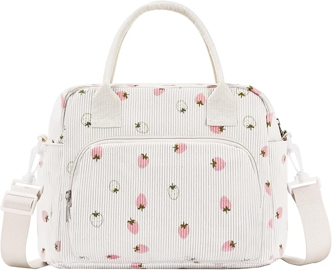 Lunch Bag Women Lunch Box for Women Adult Cute Insulated Lunch Bag Lager Cooler Lunch Tote Bags for Work Picnic (Beige-Light Strawberry)