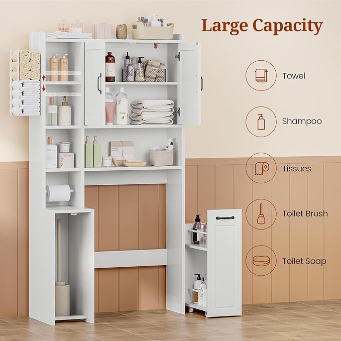 Over The Toilet Storage Cabinet with Pulley Small Bathroom Storage Cabinet, Space Saver W/Adjustable Shelf & Towel Rack for Bathroom, Restroom, Laundry (White-Type B)