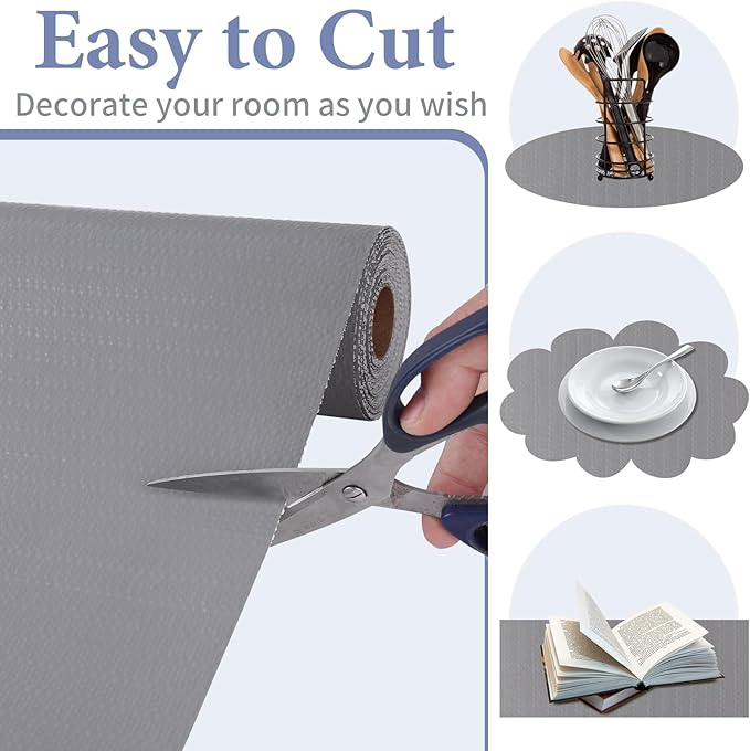 Drawer and Shelf Liner for Kitchen Cabinet: 17 in X 20 Ft Non Slip Waterproof Shelf Paper Non Adhesive Refrigerator Liners Gray Easy Liners for Bathroom Cupboard with Knife Tape Measure
