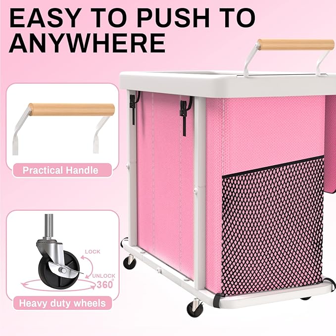 230L (60 Gal) Extra Large Fashion Laundry Sorter 3 Section with Lid, Rolling Laundry Basket Hamper with Handle, Laundry Organizer Storage Cart with Sturdy Metal Frame for Laundry Room,Hotel,Pink