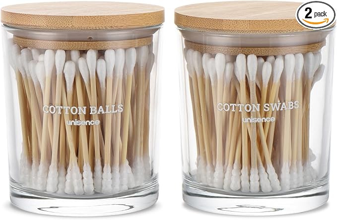 Glass Qtip Holder 2 Pack , Qtip Holder Dispenser Bathroom Set Bathroom Organizers and Storage Q tip Holder with Lid Makeup Storage Organizer for Cotton Swabs,Cotton Balls,Pads,Floss Picks Transparent