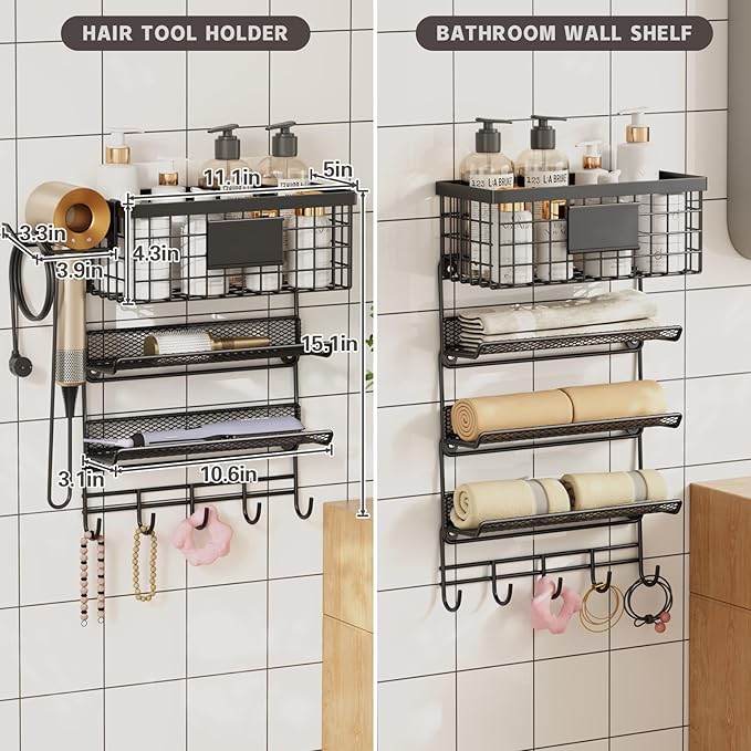 Hair Dryer Holder Wall Mounted, Adheisve Hair Styling Tool Organizer for hair Brush/Appliance Wall Mount with 4 Tier Shelf Basket Hooks Blow Dryer and Straightener Holder for Bathroom(Black)