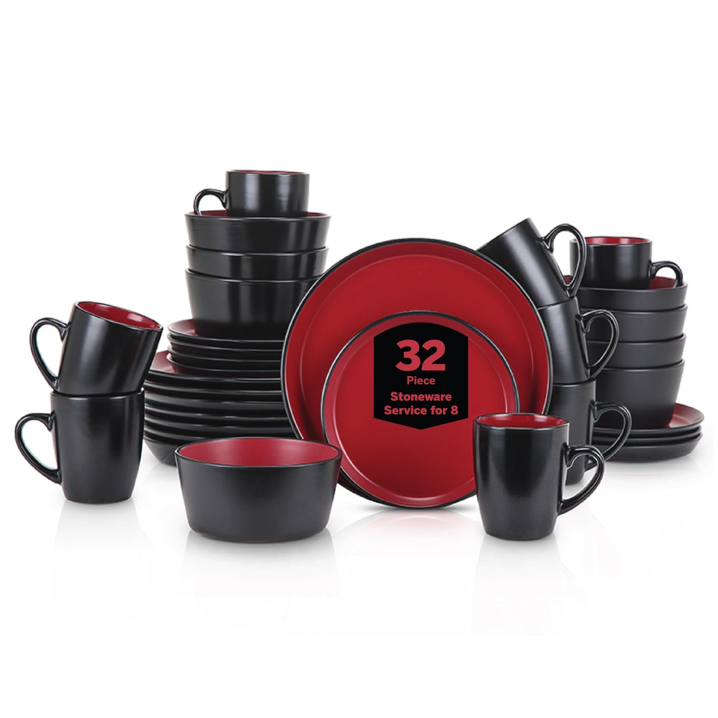 Stone Lain Albie Stoneware 32-Piece Modern Dinnerware Set, Kitchen Plates and Bowls Sets, Service for 8, Blue and Black, Microwave & Dishwasher Safe