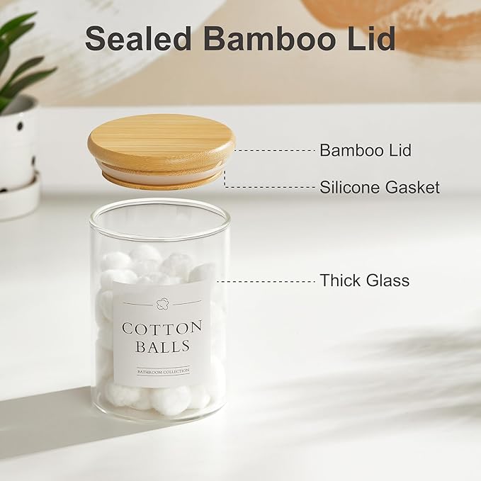 3 Pack Qtip Holder Dispenser - Glass Apothecary Jars with Lids, Cotton Ball Pad Swab Round Holder, Bamboo Bathroom Accessories, Bathroom Organizers Containers Jars Canisters with Lids