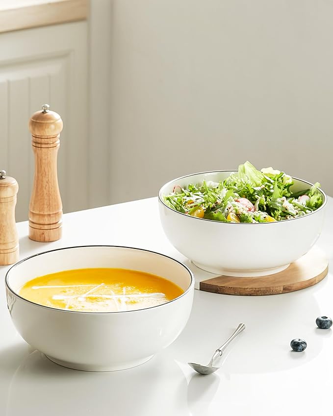 Dafuceramic Salad Bowls, 120 OZ(10") Large Serving Bowls Set of 2, Ceramic White Serving Bowls for Salad, Soup, Pasta and Dinner, Large Porcelain Bowl Set for Entertaining with Black on the Rim