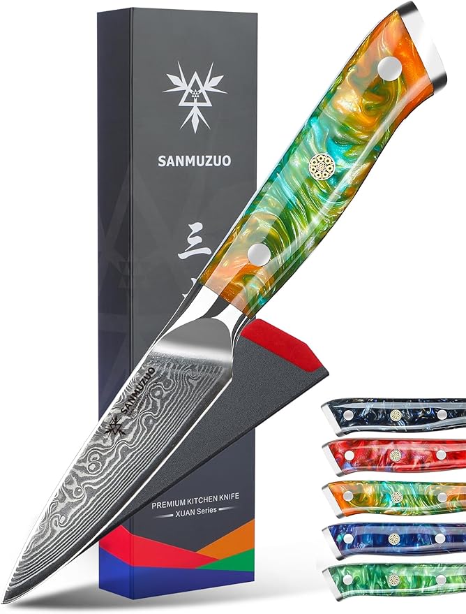 SANMUZUO 3.5 Inch Paring Knife - Kitchen Fruit Vegetable Knife Damascus Steel & Resin Handle - Xuan Series (Fantasy Orange)