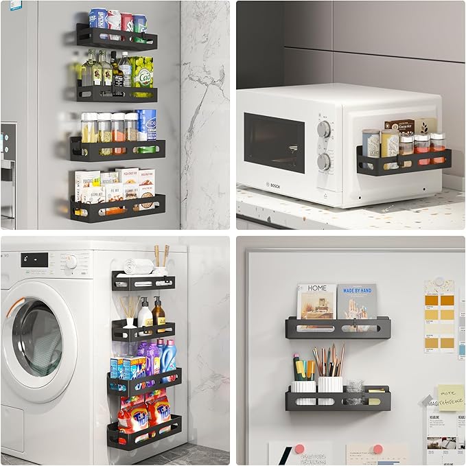 6 Pack Strong Magnetic Spice Rack for Refrigerator, Multipurpose Magnetic Shelf for Fridge with 4 Hooks for kitchen and Bathroom Organization, Black