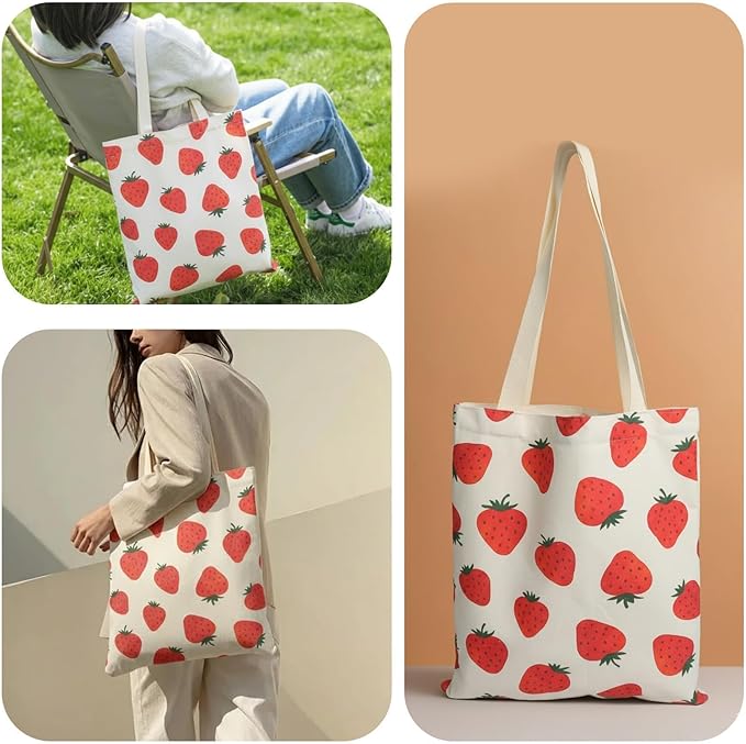 MOLOVA 1-PACK Cute Strawberry Print Canvas Tote Bag, Reusable Grocery Bag with Magnetic Snap Closure & Inner Zipper Pocket, Aesthetic Gift for Women