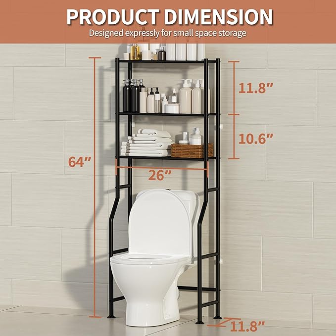 3-Tier Over The Toilet Storage, Freestanding Metal Bathroom Shelves, Space Saver Above The Over Toilet Storage Shelf for Bathroom (Black)