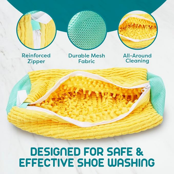 Shoe Washing Machine Bag - 2pcs - Laundry Shoe Bag for Washer and Dryer - 2pc Reusable Sneaker Cleaning Sack for All type of Tennis - Reinforced Zipper, 360° Deep Cleaning (Yellow)