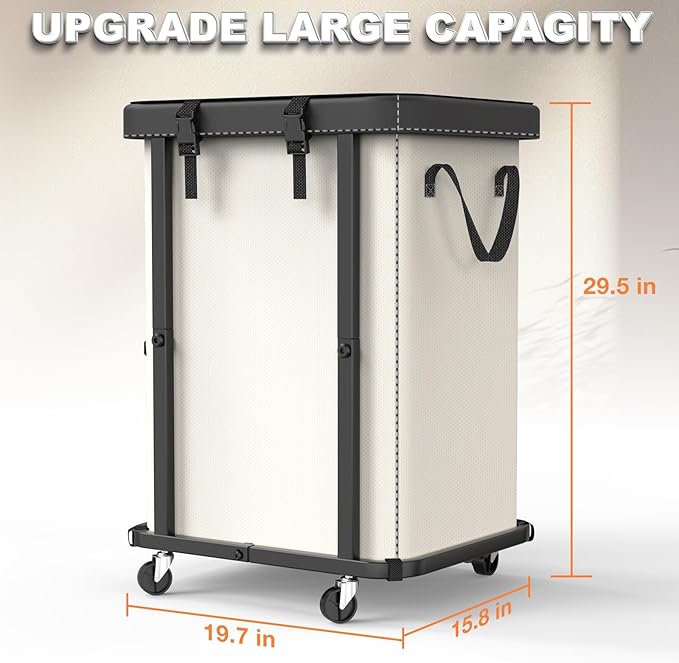 150L (40 Gal) Large Fashion Laundry Basket with Wheels, Leather Patchwork Rolling Hamper Carts, Sturdy Metal Frame, Removable Washable Bag, Tall Clothes Sorter for Bedroom, Laundry Room - Beige