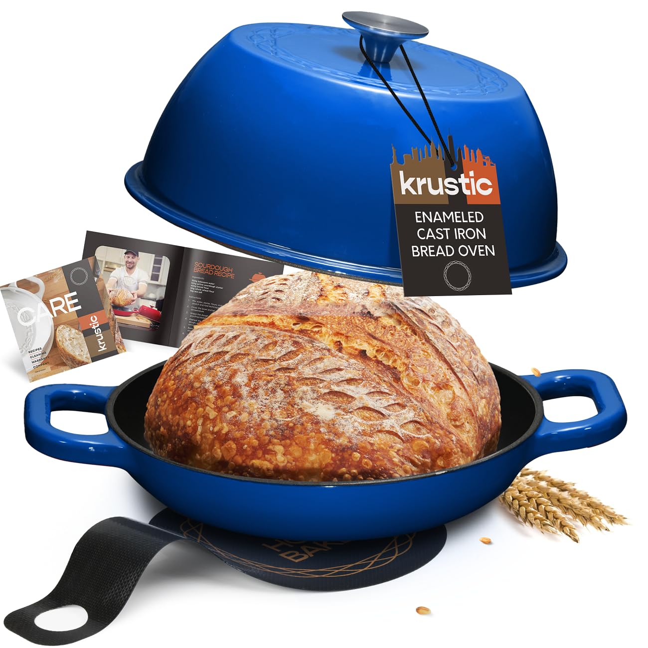 Krustic Enameled Cast Iron Dutch Oven for Sourdough Bread Baking | 6 Quart Round Pot with Lid | 10 Inch Ceramic Enamel Thick Coated Cookware Set with Non Stick Silicone Baking Mat for Cooking | 6 Qt | Red