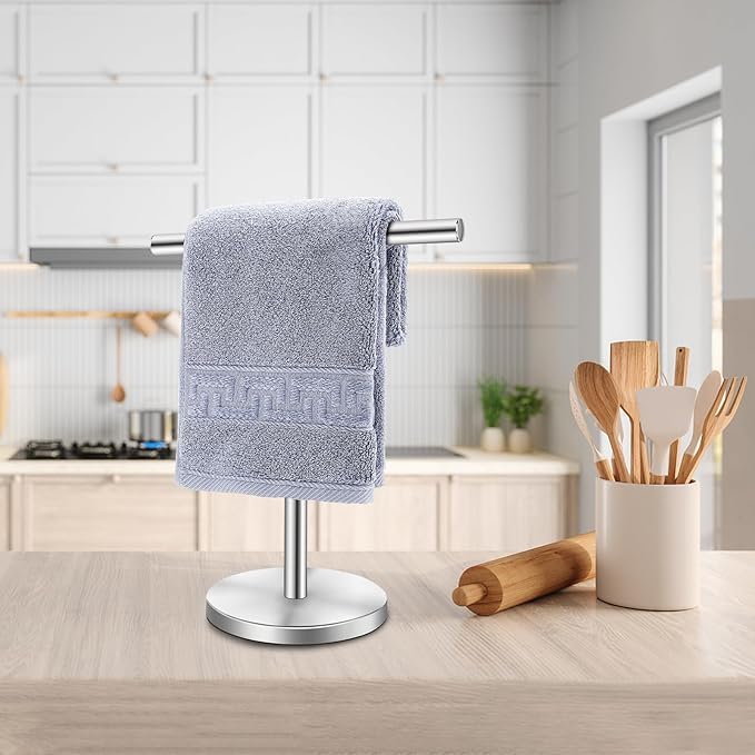 T-Shape Bath Hand Towel Holder Stand, Stainless Steel Free Standing Hand Towel Rack with Heavy Base, for Bathroom Kitchen & Countertop, Silver