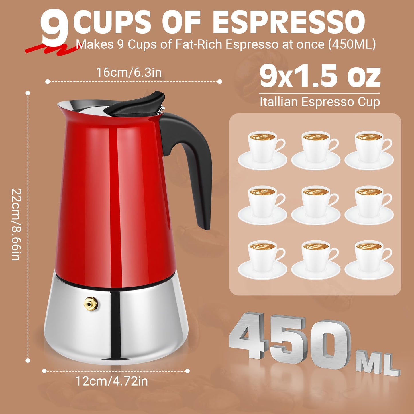 Suiitat 4 Cup Stainless Steel Moka Pot, 200ml Stovetop Espresso Maker, Red