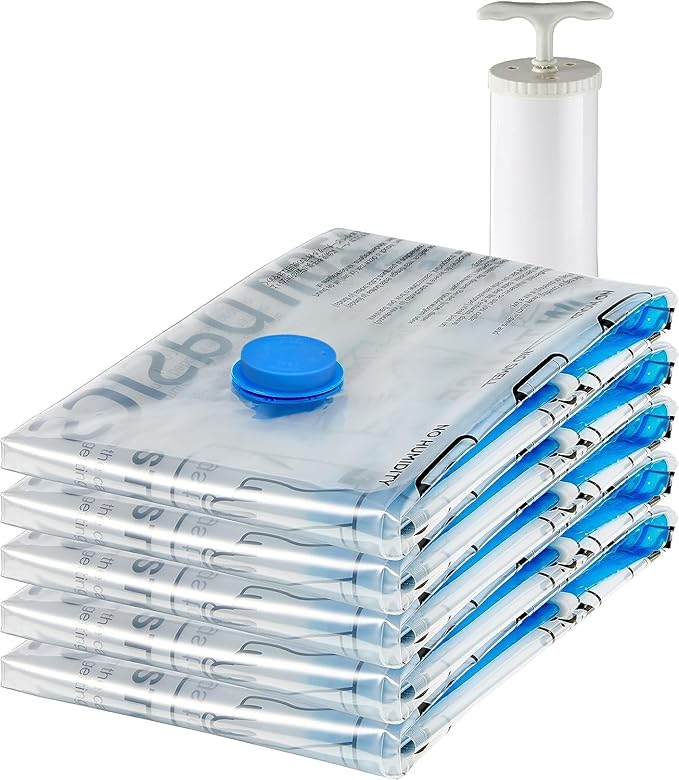 Vacuum Storage Bags, Compression Space Saving for Clothes and Linens, Reusable with Hand Pump, Large, Clear, 5-Pack