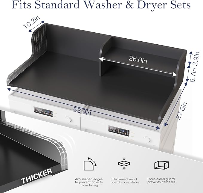 DTK Washer Dryer Wood Countertop with Shelf, Laundry Topper with Non-Slip Mat,27.55" Depth x 54" Width Dryer Covers for The Top with Edge Rails, Black