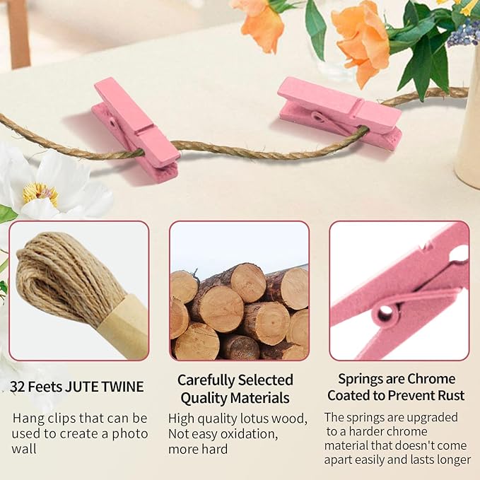 1.35 Inch Mini Clothes Pins for Photo100 Pcs with 32 Feet Jute Twine, Mini Clothes Pins for Crafts, Wooden Small Clothespins for Pictures, Tiny Decorative Clothespins for Baby Shower (Pink)