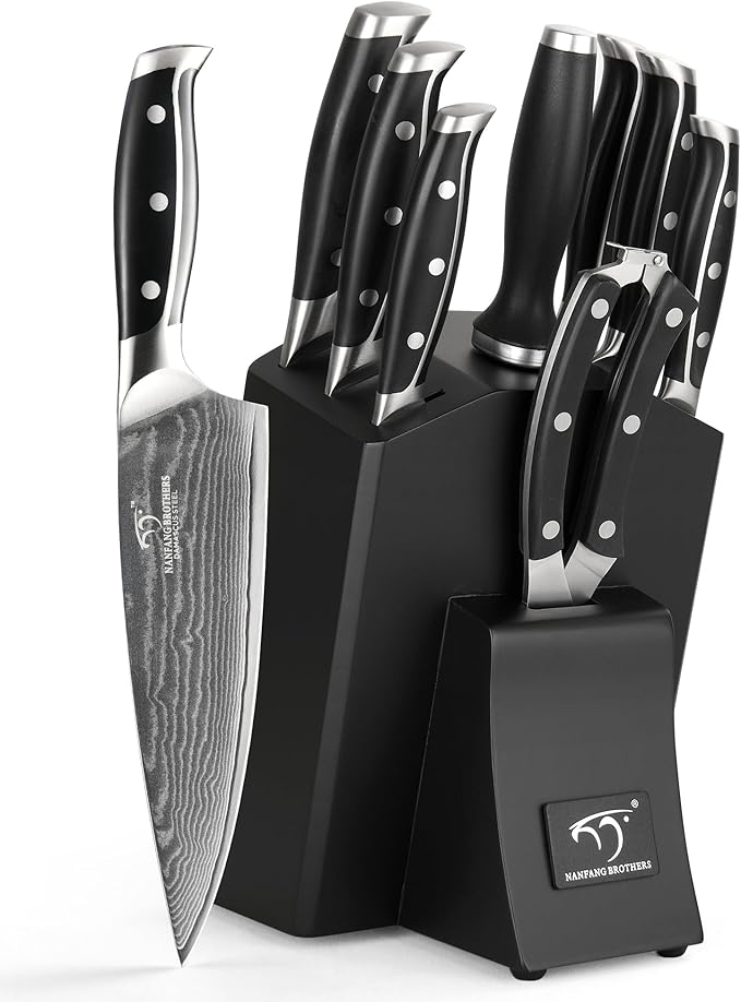 Damascus Kitchen Knife Set with Block, 9-Piece 67-Layer VG10 Damascus Steel Knife Set with Triple-Rivet Handles, Chef, Santoku, Utility, Bread & Paring Knives, Sharpener, Shears, Black