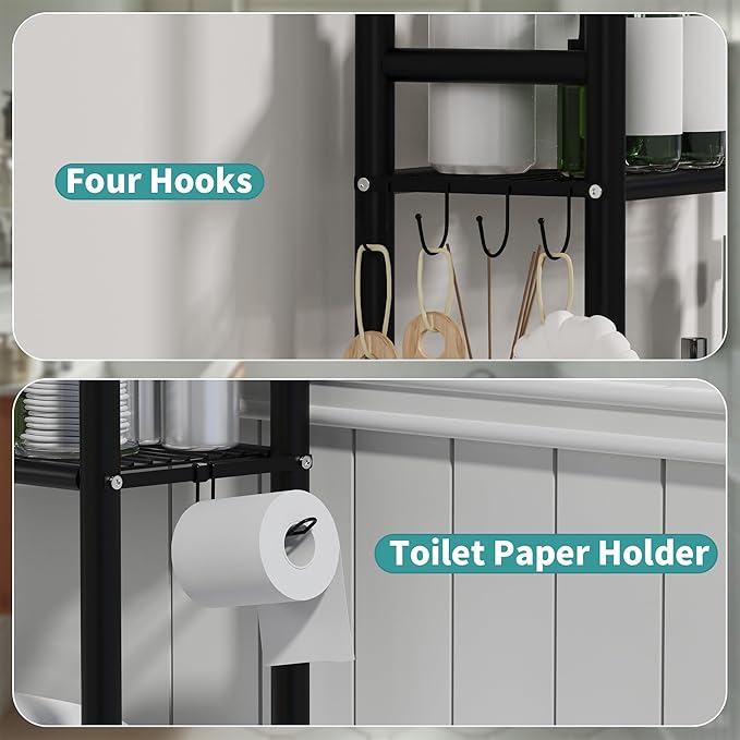 3-Tier Over The Toilet Storage with Paper Holder, Metal Bathroom Organizers and Storage for Small Space, Freestanding Bathroom Shelves with 4 Hooks, Above The Toilet Storage Shelf (Black)