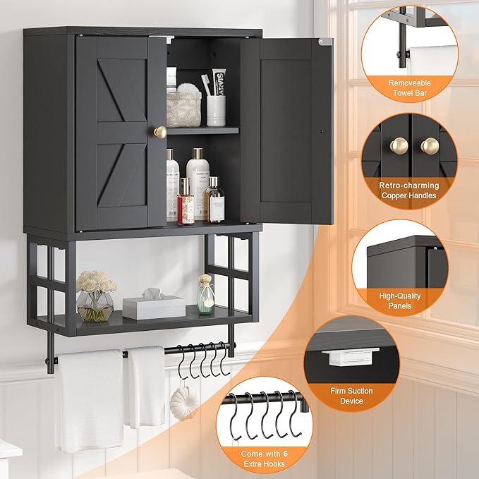 Farmhouse Medicine Cabinet - 3-Tier Wall Mounted Storage Organizer with Adjustable Shelves, Towel Bar, 5 Hooksfor Small Bathroom, Laundry Room, Over Toilet, Living Room, Bedroom (Black)