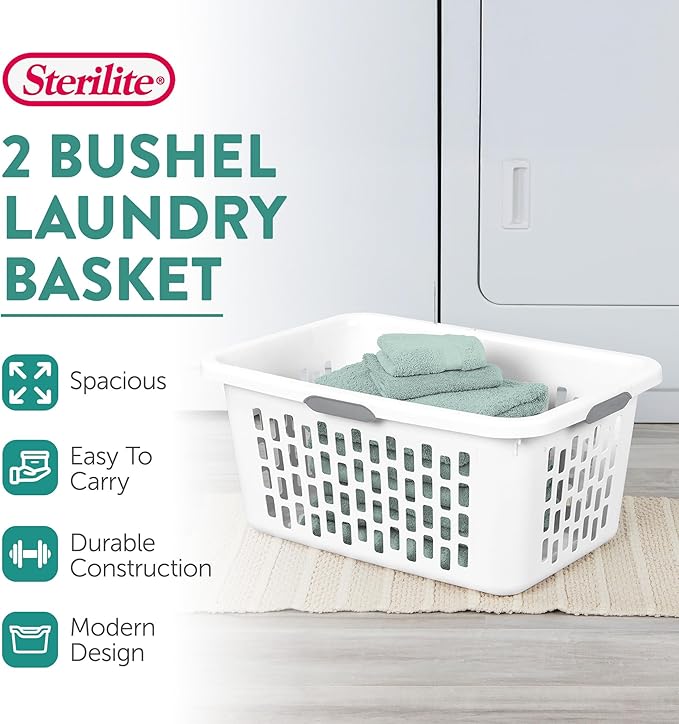 Sterilite Laundry Basket, Plastic Clothes Hamper, Large Rectangle Bin with Comfort Grip Handles and Reinforced Rim, 2 Bushel Capacity, White, 18 Pack