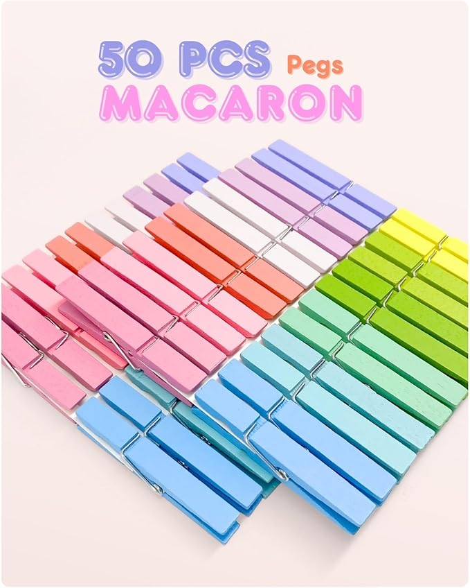 Clothes Pins Colored Clothespins Wooden Cheer Pins 50-Pack 2.9 Inch Close Pins 10 Pastel Macaron Colors - Colorful Painted Pegs for Crafts Photo Hanging, Decorative Spirit Clip Classroom Decorations
