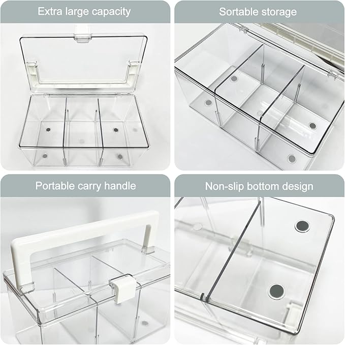 KIMCHOMERSE Large Qtip Holder, Cosmetic Organizer with Carry Handle, Adjustable 3 Compartments Qtip Dispenser for Swabs, Cotton Pads, Small Items Storage Organizer for Desktops and Drawers - Clear